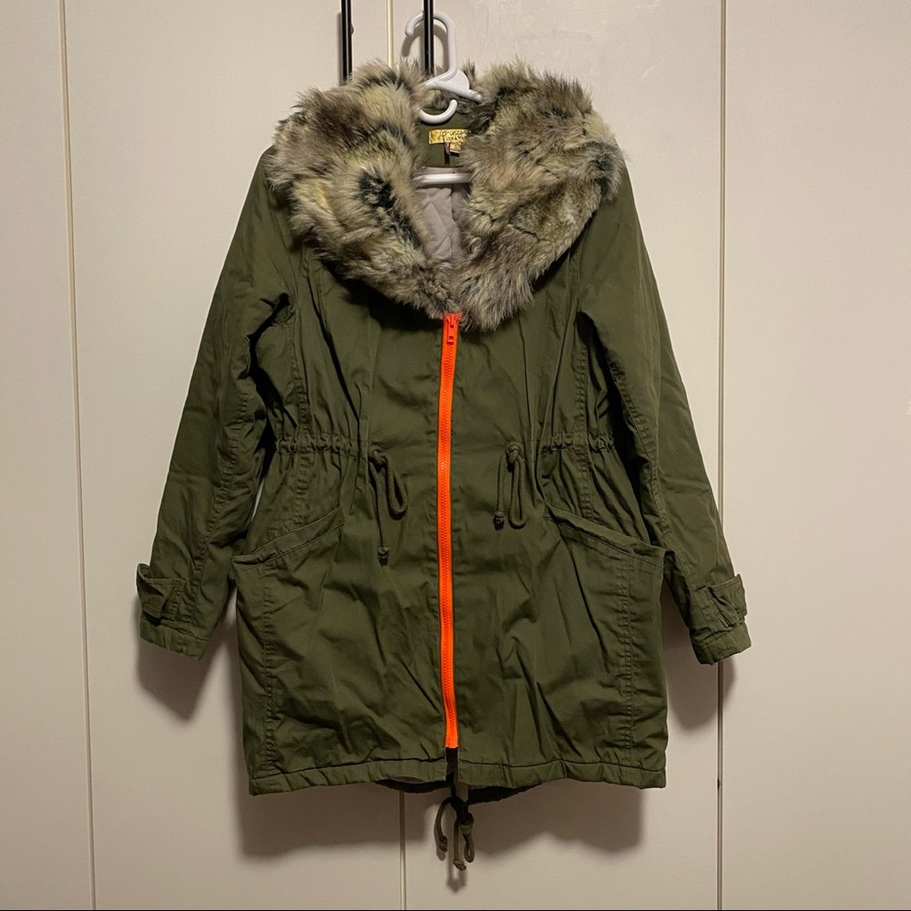 Princess Vera Wang Army Olive Green Faux Fur Fishtail Coat, Bright Orange Zipper